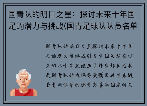 国青队的明日之星：探讨未来十年国足的潜力与挑战(国青足球队队员名单)