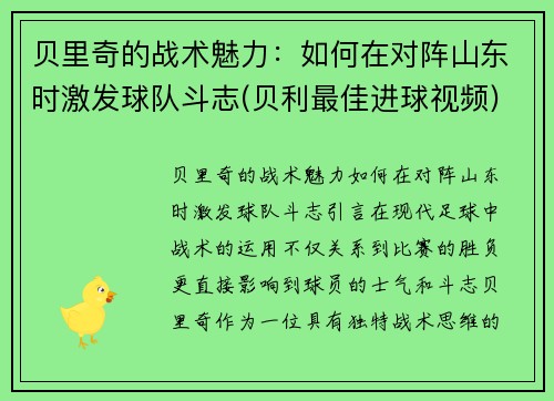 贝里奇的战术魅力：如何在对阵山东时激发球队斗志(贝利最佳进球视频)