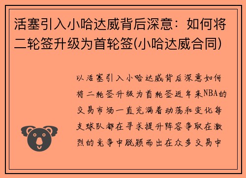 活塞引入小哈达威背后深意：如何将二轮签升级为首轮签(小哈达威合同)