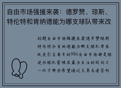 自由市场强援来袭：德罗赞、琼斯、特伦特和肯纳德能为哪支球队带来改变？